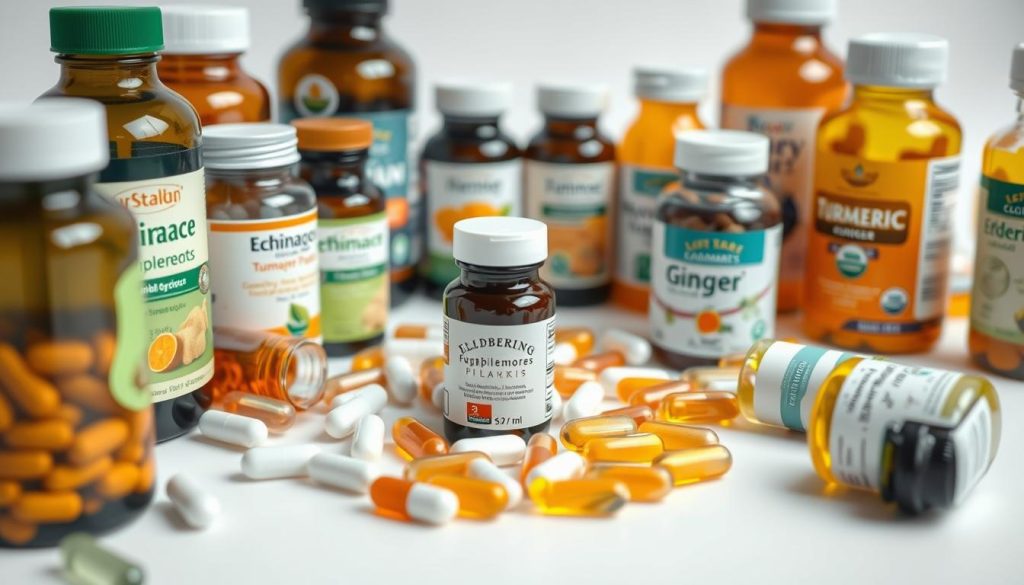 A detailed close-up view of an array of herbal supplements bottles, capsules, and pills against a clean, white background. The foreground features an assortment of various herbal supplements including echinacea, ginger, turmeric, and elderberry. The middle ground showcases the supplements in their packaging, highlighting the labels and ingredients. The background is softly blurred, maintaining the focus on the herbal products. The lighting is bright and evenly distributed, creating a clinical, informative atmosphere. The camera angle is slightly elevated, providing a comprehensive overview of the subject matter.