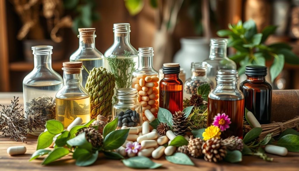 A still life arrangement of various herbal supplements, including glass bottles filled with tinctures and capsules, dried herb bundles, and fresh leaves and flowers, all bathed in warm, natural lighting on a wooden table. The scene has a rustic, apothecary-like ambiance, conveying the natural and holistic qualities of the herbal remedies. The composition is balanced and visually appealing, highlighting the diversity and potential benefits of the herbal supplements.
